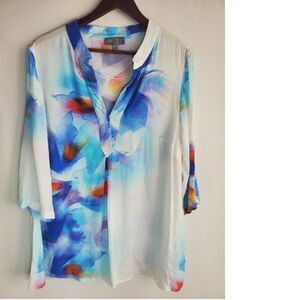 Ulla Popken Watercolor Abstract Blouse Vibrant Artsy Flowy 3/4 Sleeve 12 / 14